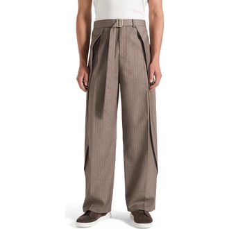 Mani&egrave;re De Voir Charles Wide Fit Wrap Leg Pinstripe Tailored Trousers in Taupe at Nordstrom, Size 32
