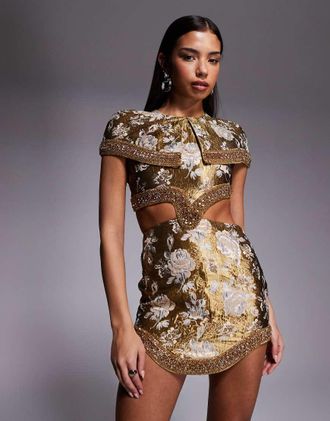 Asos Vestito corto in jacquard color oro con dettaglio stile mantella e orlo sagomato