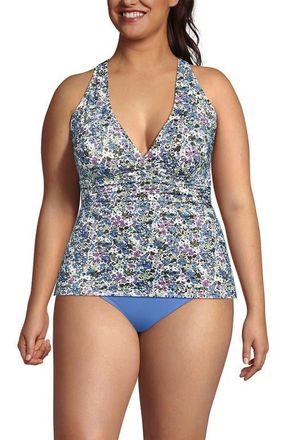 Lands End Chlorine Resistant Plunge X-Back Tankini Swimsuit Top in White/lilac Multi Ditsy Floral at Nordstrom, Size 1X
