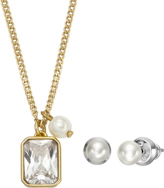 Fossil Womens White Pearl Necklace and Earrings Gift Set