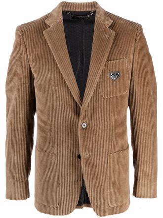 Philipp Plein single-breasted corduroy blazer - men - Viscose/Cotton/Acetate/Leather - 48 - Neutrals