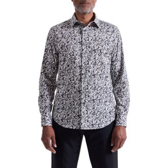 Bugatchi Julian Shaped Fit Floral Print Stretch Cotton Button-Up Shirt in Black at Nordstrom Rack, Size Xx-Large