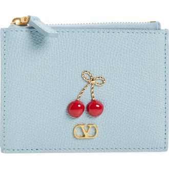 Valentino Garavani Cherryfic Leather Card Case in Blue at Nordstrom