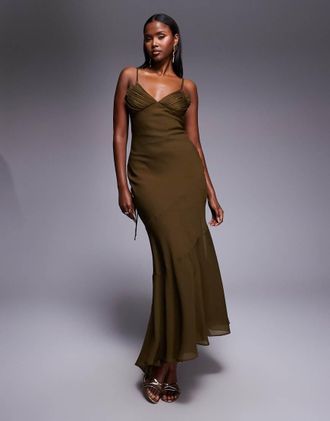 Asos Vestito kaki in taglio sbieco a sirena e design a doppio strato sul busto-Multicolore