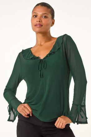 Roman V-Neck Frill Neck Tie Sleeve Mesh Top