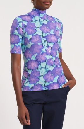 Isaac Mizrahi New York Print Mock Neck Top in Blue/Lilac at Nordstrom, Size X-Small
