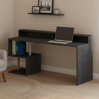 Dmora Escritorio Serafino, Escritorio Lineal Con Estantes De Almacenamiento, Escritorio De Oficina Multiusos Con Tablero, 180x60h93 Cm, Pizarra, Con Embalaj
