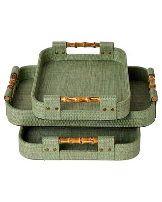 Tozai Home Home Monaco Set Of 3 Faux Seagrass Nested Decorative Rectangle Trays With Bamboo Handles