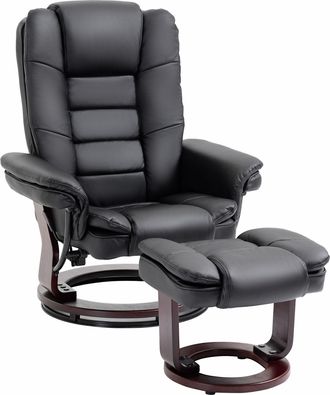 HOMCOM Swivel Manual Recliner and Footrest Set PU Leather Lounge Chair Black | TJ Hughes
