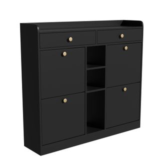 STILVORA Mueble Zapatero Con 4 Puertas Abatibles, 2 Cajones Y 3 Compartimentos Abiertos, Estilo Minimalista, En Tablero De Part&iacute;culas, Negro, 110&times;26&times;100 Cm