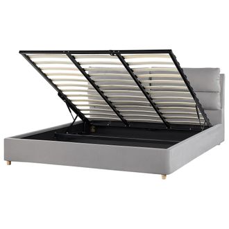 Beliani Cama Con Somier De Terciopelo Gris Claro 180 X 200 Cm Almacenaje Batilly
