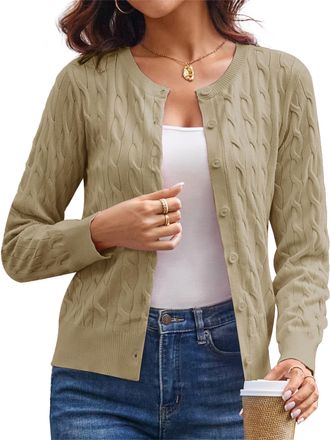 Grace Karin Women Autumn Summer Casual Long Sleeve Cardigans Cropped Crew Neck Crochet Knit Basic Sweater Tops XL Khaki