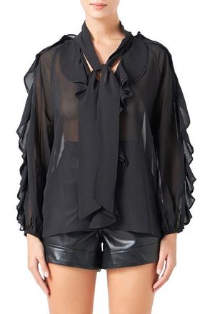 endless rose Sheer Chiffon Ruffle Shirt in Black at Nordstrom, Size Large