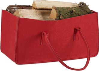Relaxdays 2 Bolsas Para Le&ntilde;os Con Asas Largas, Fieltro, 25 X 25 X 50 Cm, Rojo