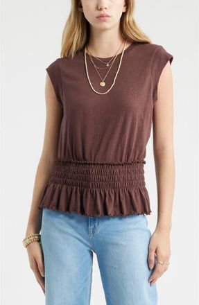 Treasure & Bond Smocked Waist Peplum Muscle Tank in Brown Malicacia at Nordstrom, Size Xx-Small