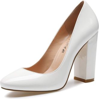 Castamere High Heels Womens Block Heels Round Toe Slip-on Court Shoes 4IN Heeled Patent White Pumps UK 5