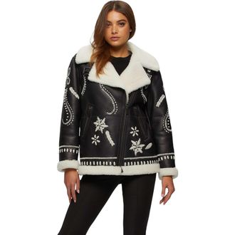 Gorski Genuine Shearling Jacket With Embroidery in Black/white at Nordstrom, Size Medium