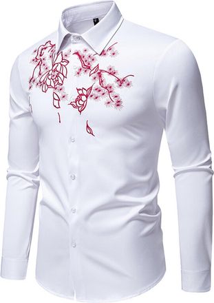 Generic Mens Shirts Long Sleeve Cowboy Shirt Retro Western Embroidered T-Shirt Floral Print Tops Button Up Blouse Casual Tees Camisa De Algodon para Hombre(Wh