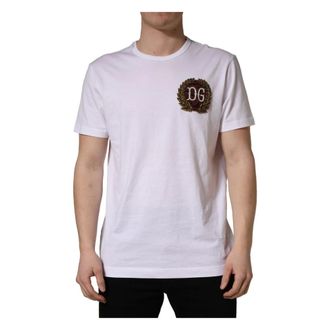 Dolce & Gabbana T-Shirts, male, White, Size: L DG Leaf Embroidery Crew Neck T-shirt