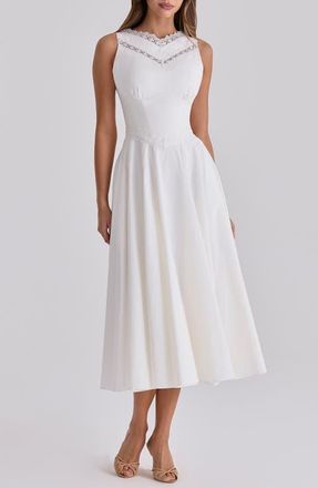 House of CB Scarlett Lace Trim Stretch Cotton Midi Cocktail Dress in White at Nordstrom, Size X-Small