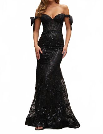 Sherri Hill Sequin Lace Off The Shoulder Fitted Gown In Black
