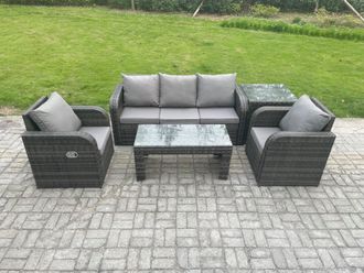 Fimous Wicker PE Rattan Garden Furniture Set Outdoor Lounge Sofa Set with Reclining Chair Coffee Table Side Table in Dark Grey