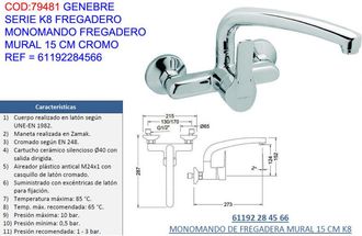 Genebre Genebre - Grido Fregadero K8 Mural 15cm Monomando Cromado