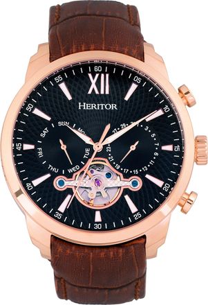 Heritor Arthur Semi-Skeleton Leather-Band Watch with Day & Date