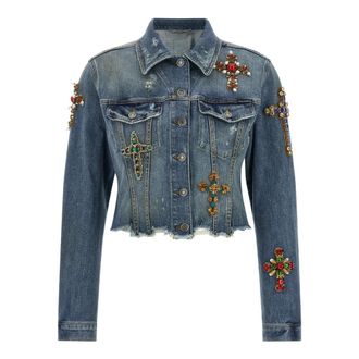 Dolce & Gabbana Jassen, Dames, Blauw, M, Denim, Denim Jas met Borduurwerk