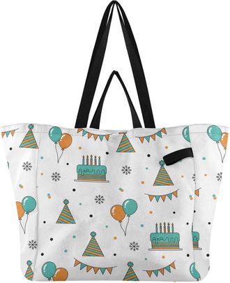 Generic Birthday Cake Balloon White print Reusable Canvas Tote Bag, Heavy Duty Grocery Shopping Bag with Hard Bottom Large Capacity Double Handles Work Grocer