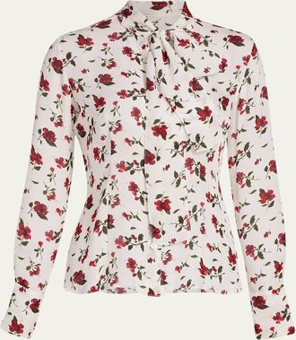 Oscar De La Renta Hibiscus-Print Silk Neck-Scarf Blouse