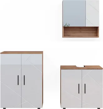 Vicco Conjunto De Muebles De Ba&ntilde;o Irma, Blanco Brillo Intenso/roble Dorado, 3 Piezas, Con Mueble Bajo 60 Cm