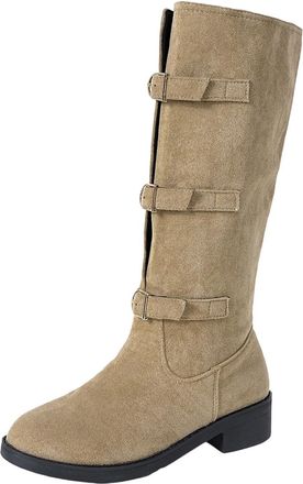 Generic Womens Knee High Boots Stretchy Casual Walking Booties Stylish Low Heel Flat Chunky Comfortable Buckle Pull On Long Boots Outdoor Party