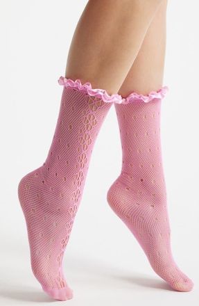 High Heel Jungle Mimi Satin Ruffle Lace Crew Socks in Pink at Nordstrom