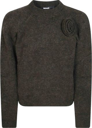 Rotate Knit Flower Jumper - Dames - Ronde hals truien - Bruin - S - Wol - Truien & Vesten