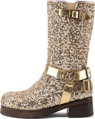 Generic Womens Pull on Wide-Calf Cowboy Boots Round Toe Glitter Mid-Calf Boots Block Heel Platform Party Prom Shoes,Gold,6.5 UK