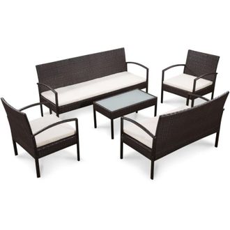vidaXL Vidaxl - Set Muebles De Jard&iacute;n 5 Piezas Y Cojines Rat&aacute;n Sint&eacute;tico Marr&oacute;n