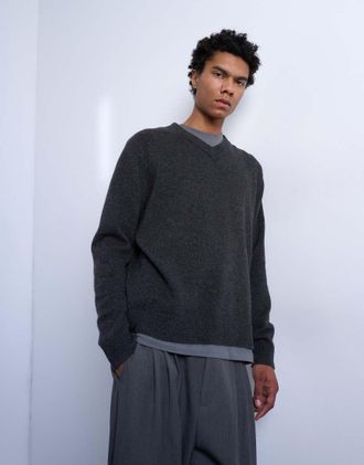 Topman Maglione vestibilit&agrave; classica in maglia antracite con scollo a V-Grigio