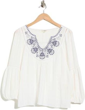 Max Studio Embroidered Long Sleeve Cotton Top in White/Navy at Nordstrom Rack, Size Medium