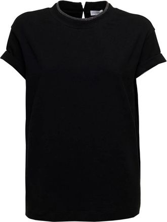 Brunello Cucinelli Tops, Dames, Zwart, XS, Katoen, Zwarte katoenen T-shirt met Monile Crewneck