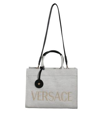 Versace Witte Canvasleren Logo Crossbody Tote Bag met Handvat