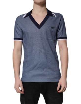 Dolce & Gabbana Mens Silk-Blend Collared V-Neck Polo Blue Cotton
