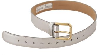 Dolce & Gabbana Womens Silver Leather Gold Tone Logo Metal Buckle Belt