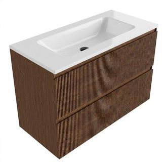 Saniclass Holz Atelier Badkamermeubelset - 100x45x77.5cm - Torino solid surface wastafel wit - zonder kraangat - 2 lades - mat walnut pure (hout)
