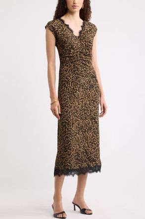 Nordstrom Lace Trim Leopard Print Midi Dress in Tan- Black Leone Leopard at Nordstrom, Size Xx-Large