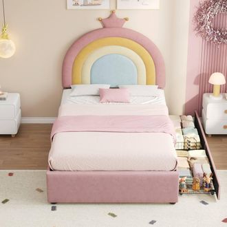 Merax 3ft Single Pink Upholstered Bed with Crown Headboard & 2 Drawers