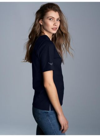 Trigema T-Shirt TRIGEMA TRIGEMA T-Shirt DELUXE Baumwolle mit Kristallsteinen, Damen, Gr. XXL, blau (navy), 100% Baumwolle, Basic, Shirts T-Shirt