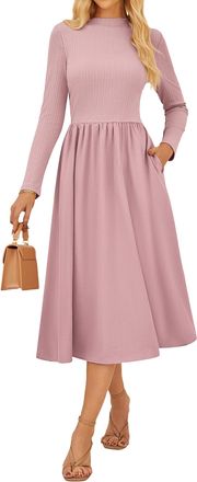 Grace Karin Womens Winter Fall Dresses A-Line Midi Dress Tunic Casual Dress with Pockets Gray-Pink L