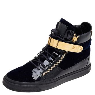 Giuseppe Zanotti Navy Blue/black Velvet And Leather Coby High Top Sneakers