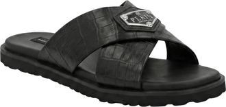 Philipp Plein Leren Slippers Criss-Cross Cocco - Heren - Sandalen - Zwart - 42 EU - Leer - Schoenen